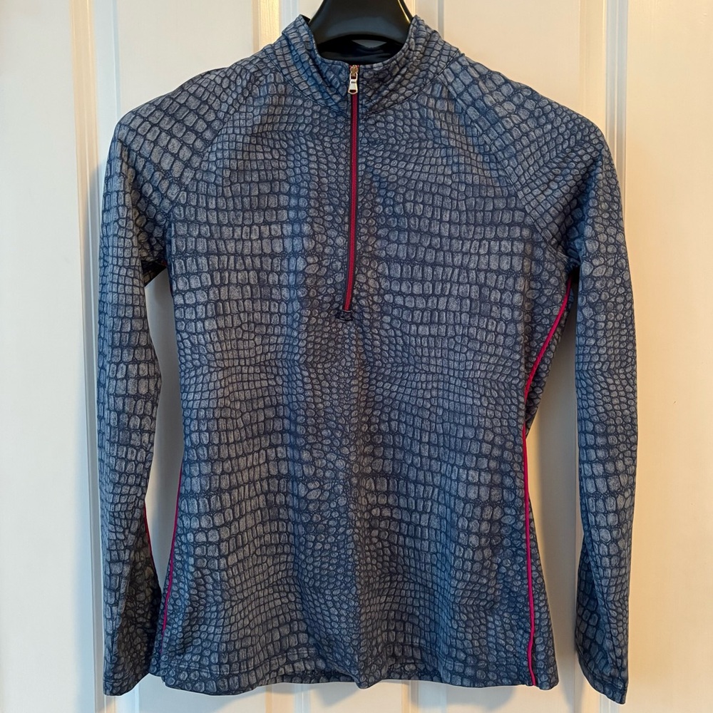 EUC Fairway & Greene quarter-zip pullover, blue crocodile print, pink trim, Sz S